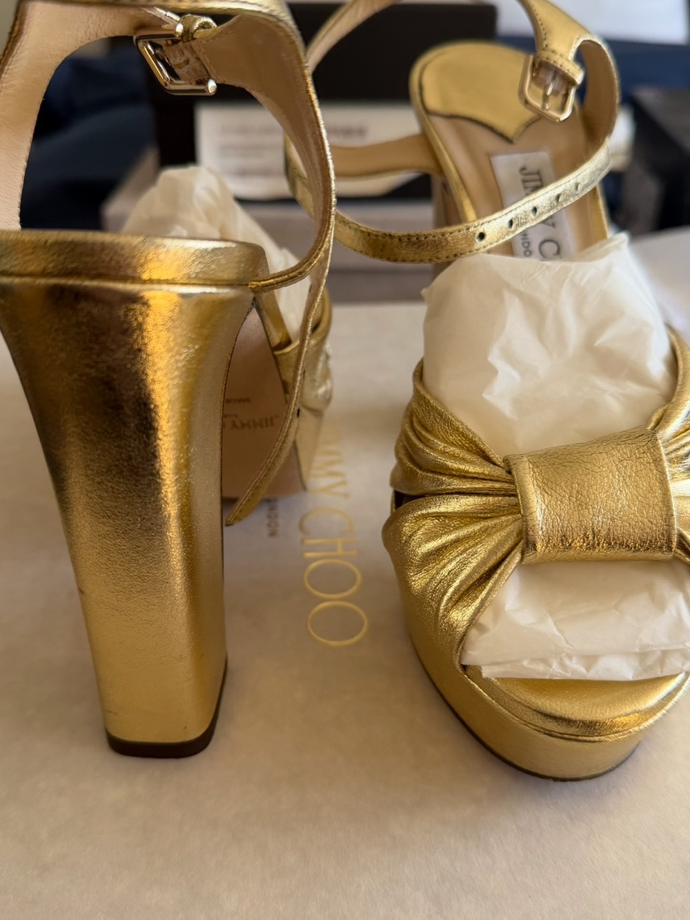 Jimmy Choo Metallic Gold Knotted Platform Sandals